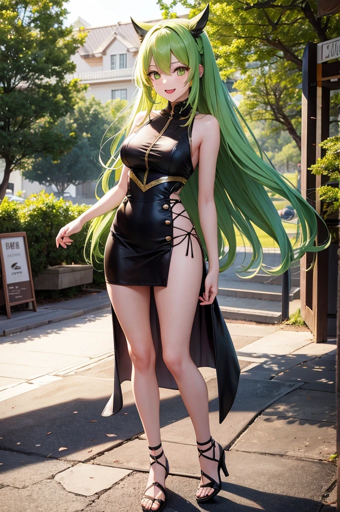 anime、最high quality, high quality, 8K、High resolution,Highest quality、solo、A calm and mature woman with long yellow-green hair and yellow eyes.、tall、Long limbs、The background of vibrant overseas markets、Thighs、Miniskirt、tall、Long limbs、solo、Laughing with mouth open、anime