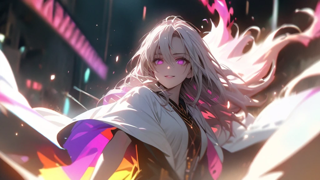 (solo), white hair, messy hair, mane hair, long hair, dense hair, wild hair, expressive hair, mature,(25 year old), pale skin, pink eyes, ((female)), wearing a white robe, white cloak,, rolled up sleeves, beautiful, attractive, eye reflection, medium breast, medium ass, smiling, depth of field, colorful thunder aura, colorful cinematic lighting, purple ray tracing, depth of field, cinematic lighting, purple ray tracing, UHD, high details, best quality, highres, high quality, award winning, super detail, masterpiece, 8k, UHD, high details, best quality, highres, high quality, award winning, super detail, masterpiece, 8k, digital art, anime coloring, full body shot, body shot, In a fighting position, Hand to hand combat, good face, perfect face, detailed face, good eyes, looking towards the screen.