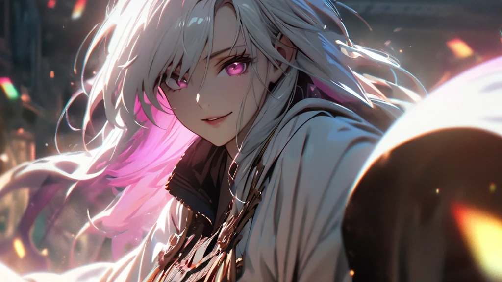 (solo), white hair, messy hair, mane hair, long hair, dense hair, wild hair, expressive hair, mature,(25 year old), pale skin, pink eyes, ((female)), wearing a white robe, white cloak,, rolled up sleeves, beautiful, attractive, eye reflection, medium breast, medium ass, smiling, depth of field, colorful thunder aura, colorful cinematic lighting, purple ray tracing, depth of field, cinematic lighting, purple ray tracing, UHD, high details, best quality, highres, high quality, award winning, super detail, masterpiece, 8k, UHD, high details, best quality, highres, high quality, award winning, super detail, masterpiece, 8k, digital art, anime coloring, full body shot, body shot, In a fighting position, Hand to hand combat, good face, perfect face, detailed face, good eyes, looking towards the screen.