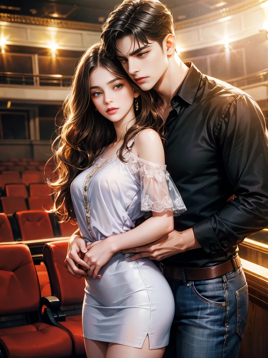 Couple, 1 girl 1 boy, different hair color, longe brown wavy hair, no bangs and brown eyes, purple short dress, short black hair, wavy hair and (sky blu eyes) , black shirt, jeans. Height different, detailed face, detailed hands. Hug. They look at the viewer. Background inside a theatre