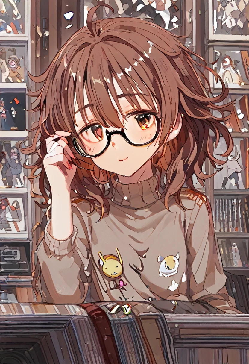 score_9, score_8_superior, One girl, Hina Araki, Under-rim round glasses, Juru, Brown eyes, Brown Hair, Medium Hair, bedhead hair, Ahoge, Messy Hair, Big Hair, Medium chest and beard, Mouth half open, superiorから, Place your hand on your chest , face to tipafter that, Looking into the distance, Contrasting, Dynamic pose, Cinema Lighting, , Deep multi-colored sweater, Heart Cutout Amber Pleated Check_Skirt Ankle socks Light bulb_after that_shoes, Daytime , Blood Moon Altar