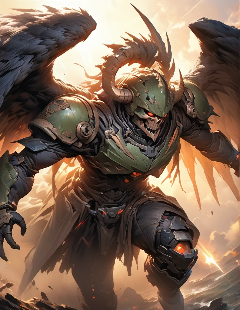 quality(8k wallpaper of extremely detailed CG unit, masterpiece, hight resolution, top-quality, top-quality ,hyper realisitic, digitial painting,increase the resolution,RAW photos,best qualtiy,highly detailed,the wallpaper),BREAK,8K, monster with big wings, skull helmet, glowing lighting