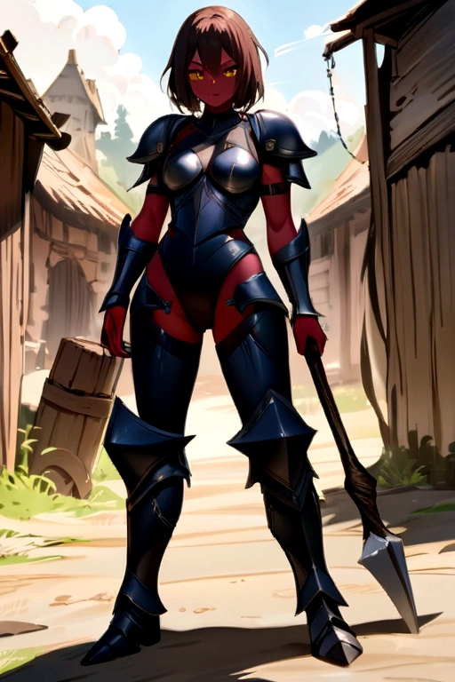 (masterpiece, best quality), outdoors, dark misty burning village, cowboy shot, 1girl, solo, Karlach, demon girl, colored skin, red skin, dark skin, full body, armor, armored pants, holding axe,