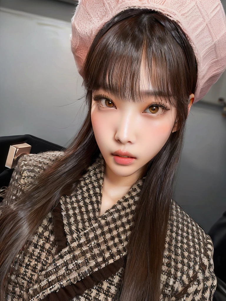 there is a woman with long hair wearing a pink hat, ulzzang, Kson Nana Wooah, Kwon Nana, Kwon Nana, neat hair with bangs, portrait of Kwon Nana, Kwon Nana straight bangs, brown hair and bangs, the hime cut, Kwon Nana