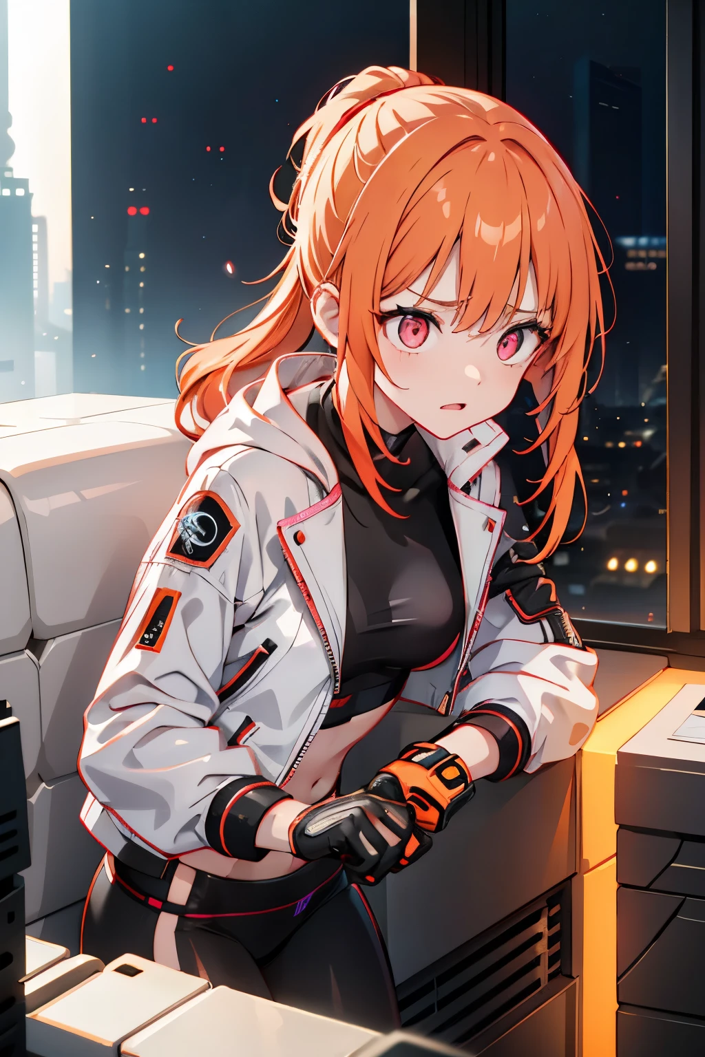 Draw a manga style character with a physical appearance with this shape of orange hair with black highlights, tied in two ponytails shaped like jaws, In the bath, pink eyes, bright, and expressive and with a slim and athletic build..., Upper Body Outfit White leather jacket with cyberpunk details, such as integrated LED lights or futuristic lines, Lower Body sporty bikini in orange, White, and black colors, fusing with cyberpunk style while allowing movement for physical activities, Personality Creative and curious Always looking for new experiences and forms of expression..., Her creative mind drives her to constantly explore new ideas and concepts., long hair length, many body tattoos