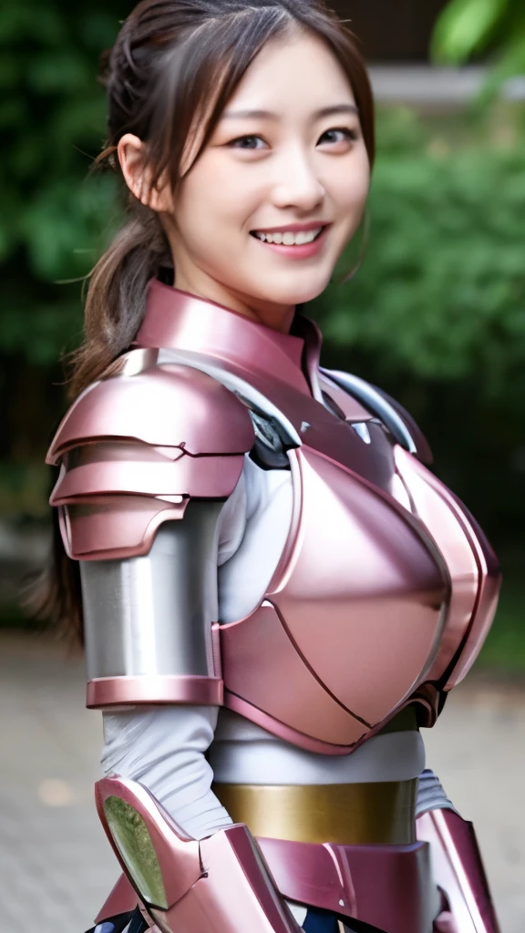 A beautiful 27 year old Japanese woman wearing pink thick metal powered armor:1.5,、smile、Japanese, ponytail, Clear Glass, whole body,Big :1.5