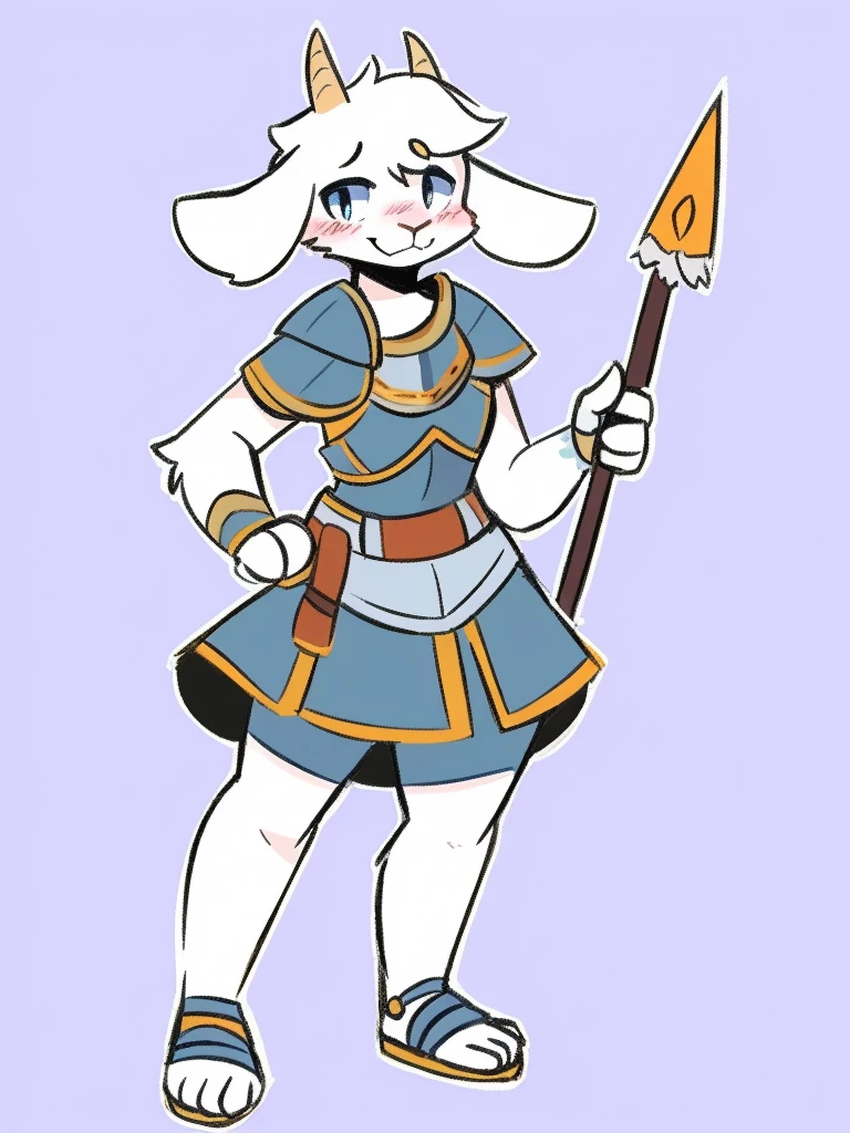 1girl, furry, furry_female, goat_ears, goat_girl, smile, solo, cute, shy, wearing full body plate armor, gladiator skirt, gladiator sandals, humanoid feet, holding a spear, nosebleed,bloody nose
