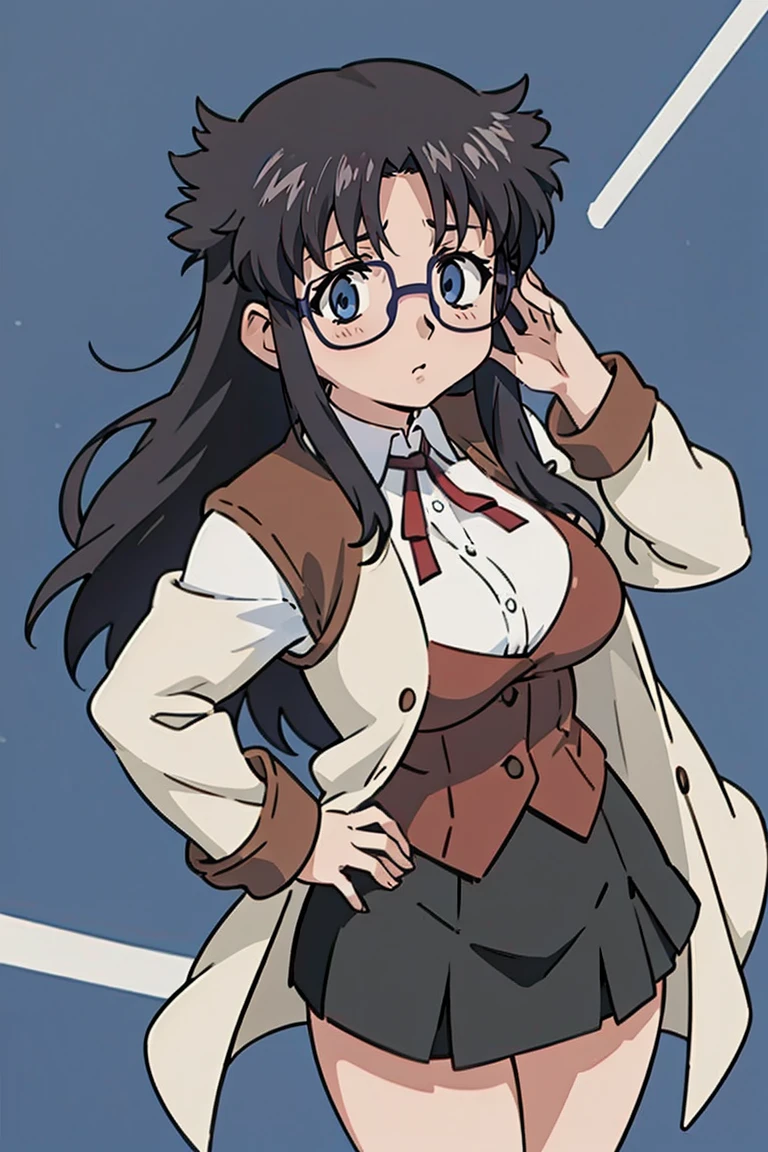 YR, 1girl, solo, upper body, portrait, sticker blush, smile, looking at viewer, glasses, long skirt, coat, vest, ribbon, long sleeves, messy hair, fine detail, perfect quality, good quality, masterpiece, HDR, UHD full body, refsheet, flipflops, huge breast, thigh ミニスカート mini skirt micro skirt ミニスカート mini skirt micro skirt ボトムを持ち上げる