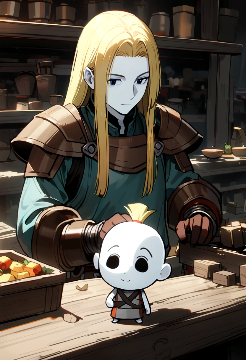 2d character a blacksmith has a tiny body, white skin, blonde and straight hair. he's a kitittian.