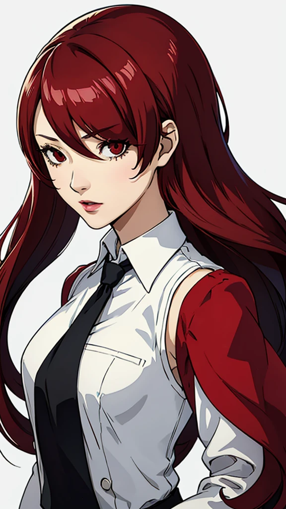 1 girl, medium breast, Mitsuru kirijo, face portrait, black vest, long shirt, tie, red eyes, long hair, hair over one eye , hair over one eye, lipstick, red hair