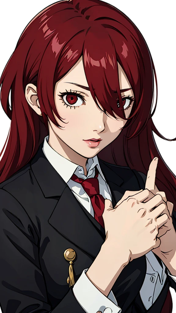 1 girl, medium breast, Mitsuru kirijo, face portrait, black vest, long shirt, tie, red eyes, long hair, hair over one eye , hair over one eye, lipstick, red hair