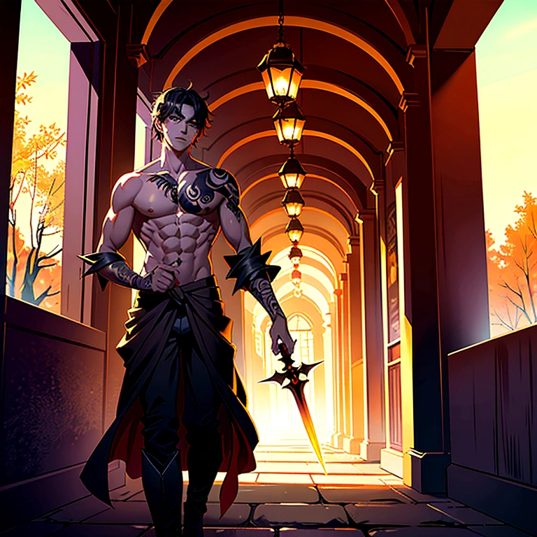 The corridor of ancient ruins, a man in black costume without sleeves, carrying a sword on his back, a tattoo of a phoenix on his shoulder, and activating purple magic with his left hand.