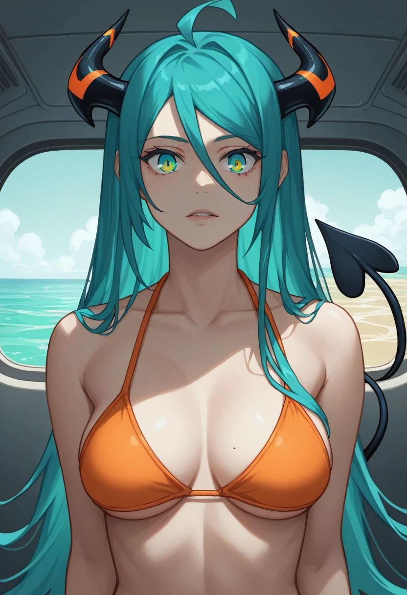 score_9, score_8_up, score_7_up,1 daemon woman, black  demon horns, black demon tail, (aquamarine hair),aquamarine green color hair,ahoge, long hair, (long hair),bangs, light orange bikini, bikini is orange, bikini orange, orange bikini!, (aquamarine eyes), background is spaceship, aquamarine eyes, 1woman ,facing viewer, daemon girl,  close up,Well-endowed, alone, Spacecraft interior