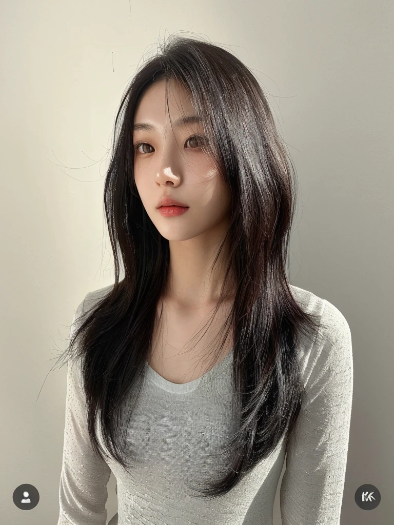 Best Quality, 8k, Masterpiece, (Portrait: 1.3), (photo realistic:1.4), (hyper realistic:1.4), Sharp Focus, looking at viewer, (smoother lighting:1.1), (increase cinematic lighting quality:0.9), realistic lighting, backlighting, light on face, ray trace, (brightening light:1.2), (Increase quality:1.4), sharp detail, (best quality real texture skin:1.4), finely detailed eyes, black_eyes, finely detailed face, 25 year old Korean woman, (white formal_shirt:1.4), (Create an image maintaining the original base model hairstyle:1.5)