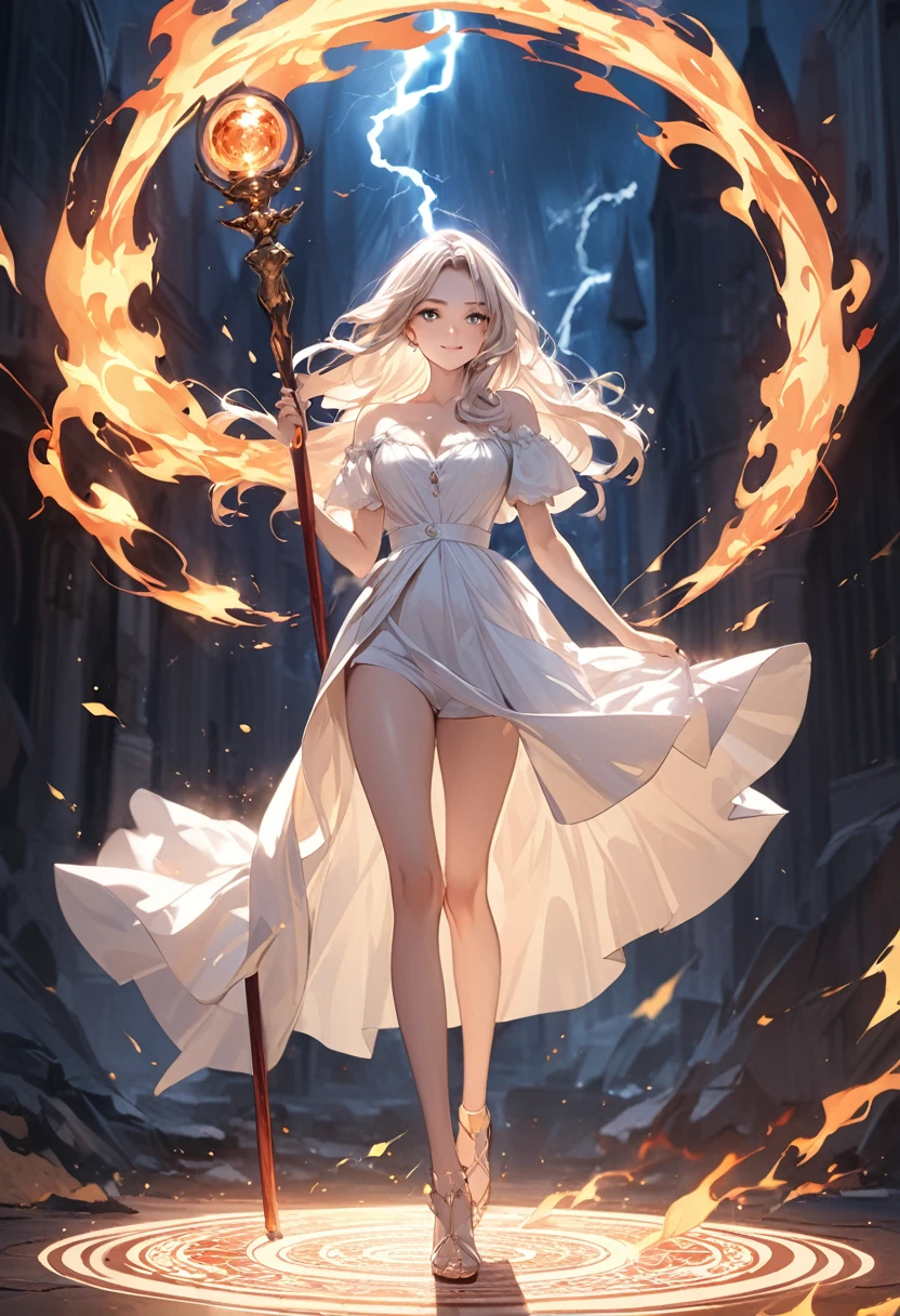 (masterpiece:1.5),(Beat quality),(high res),1girl solo,beautiful face,smile(shining eyes),light effects,The Wizard Woman,Carrying a walking stick,The background is a magic circle of fire, lightning, and light.,White flowers at your feet