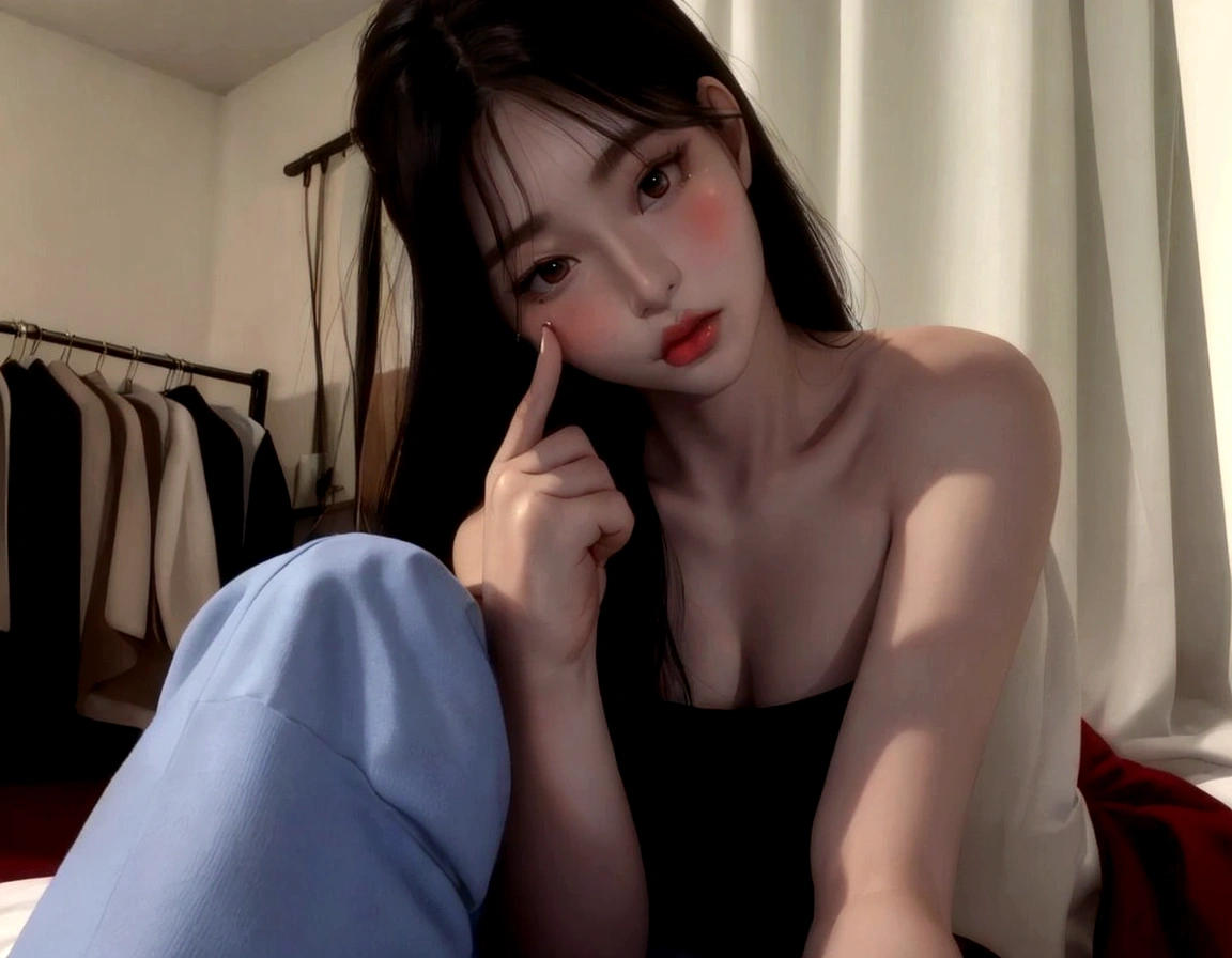 a close up of a woman sitting on a bed with a hand on her cheek, ulzzang, korean girl, gorgeous young korean woman, beautiful south korean woman, photo of slim girl model, photo of slim girl, beautiful young korean woman, beautiful asian girl, 🤤 girl portrait, young asian girl, asian features, young cute wan asian face