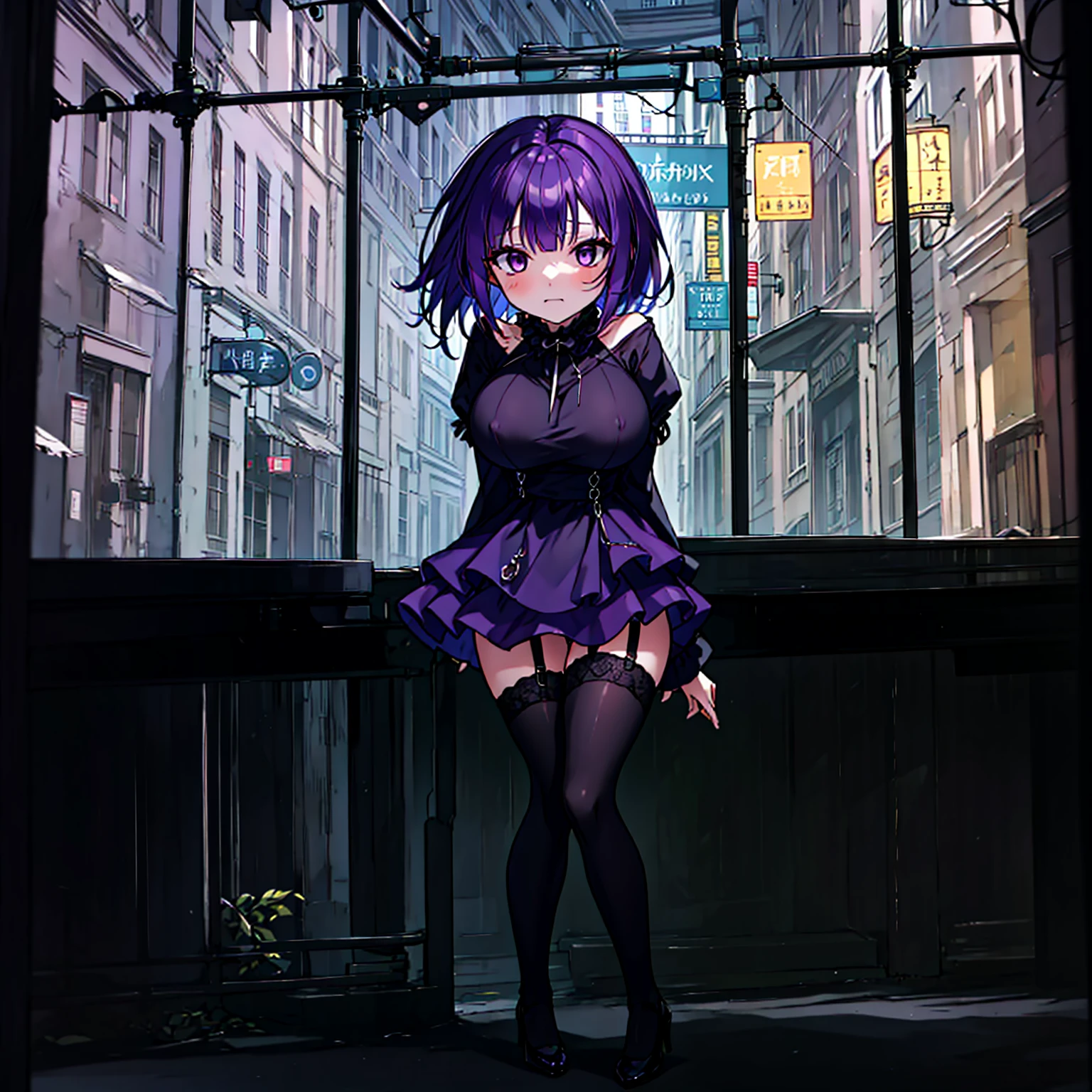 (solo), (1 skinny short girl:1.2), in the dark hall of mansion, (midnight), purple eyes over hair, Gothic ta, arms behind back, BREAK, (black short hair), (bursting huge breasts:1.2), (bouncing huge breasts:1.2), pale white skins, (skinny narrow waist), skinny legs, BREAK, (frilled layered black short dress), (frilled black cape), close chest, frilled long sleeve, show off thigh gap, (frilled black thighhighs:1.1), stiletto heels, BREAK, sad face, orgasm, coverd erectile nipples