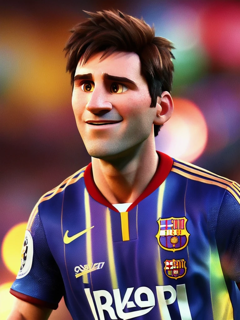 Lionel Messi, (pixar style) (masterpiece:1.2) (bokeh) (best quality) (detailed skin) (detailed texture) (8k) (claymation) (cinematic lighting) (sharp focus