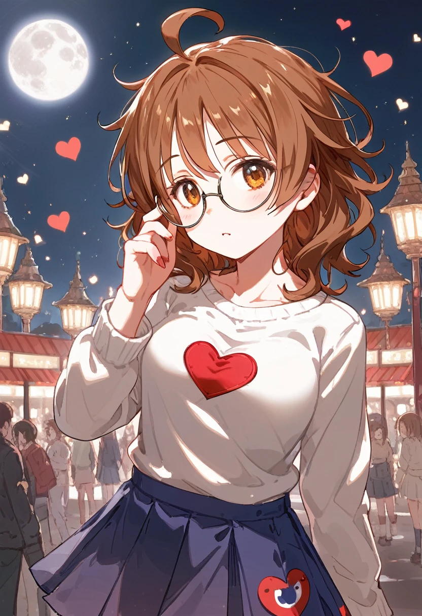 score_9, score_8_superior, One girl, Hina Araki, Under-rim round glasses, Juru, Brown eyes, Brown Hair, Medium Hair, bedhead hair, Ahoge, Messy Hair, Big Hair, Medium chest and beard, Mouth half open, superiorから, Place your hand on your chest , face to tipafter that, Looking into the distance, Contrasting, Dynamic pose, Cinema Lighting, , Deep multi-colored sweater, Heart Cutout Amber Pleated Check_Skirt Ankle socks Light bulb_after that_shoes, Daytime , Blood Moon Altar