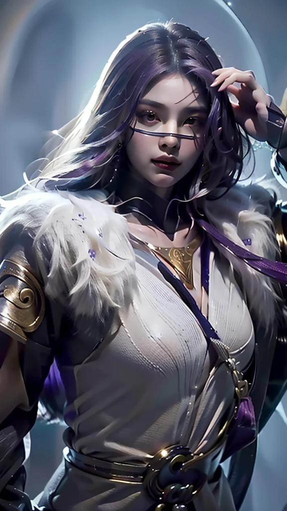 1girl,medium breasts,1girl,solo,realistic,8k,highres,(perfect face),perfect eyes,perfect body,ultra detailed face,looking at viewer,large breasts,massive boobs,cleavage,(intricate details),unity 8k wallpaper,ultra detailed,beautiful and aesthetic,detailed,solo, purple hair, luo_yi_ml, mouth veil,white and purple dress,feather