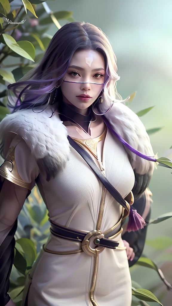 1girl,medium breasts,1girl,solo,realistic,8k,highres,(perfect face),perfect eyes,perfect body,ultra detailed face,looking at viewer,large breasts,massive ,cleavage,(intricate details),unity 8k wallpaper,ultra detailed,beautiful and aesthetic,detailed,solo, purple hair, luo_yi_ml, mouth veil,white and purple dress,feather
