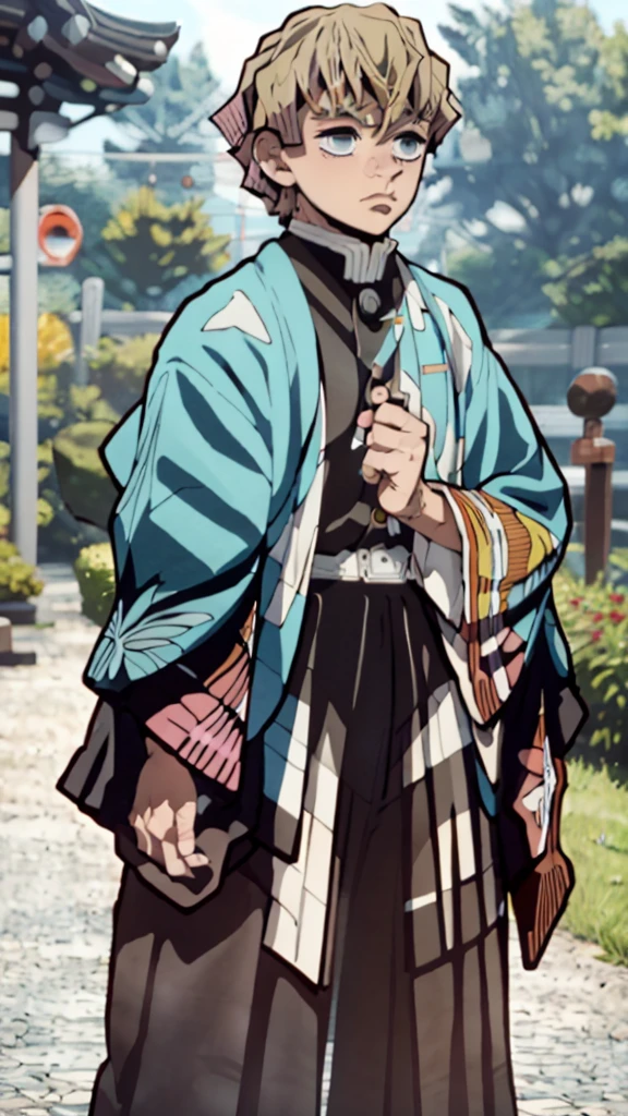(masterpiece), best quality, highest quality, man, ager, tall man, short pink hair cut, black eye, white kimono with black skirt and overcoat, katana in hands, cursed spirits in the background, Tokyo city blurred