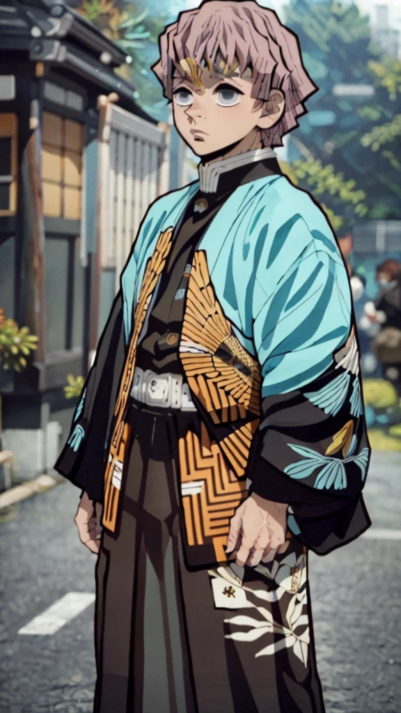 (masterpiece), best quality, highest quality, man, teenager, tall man, short pink hair cut, black eye, white kimono with black skirt and overcoat, katana in hands, cursed spirits in the background, Tokyo city blurred
