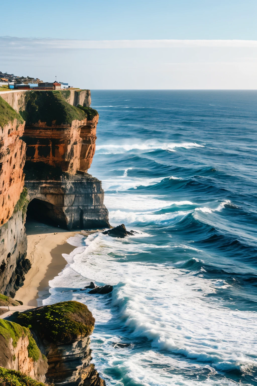 ((best quality)), ((masterpiece)), (detailed), rugged cliffs
crashing waves
panoramic ocean view
standing close
sea breeze
dramatic scenery
horizon line
adventurous and bold
awe-inspiring
edge of the world
