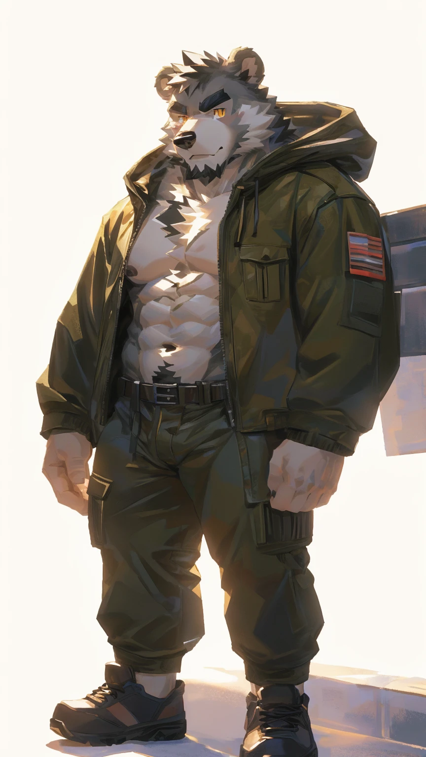 (masterpiece:1.2), best quality,pixiv,official art,perfect anatomy, (Ray tracing, light),solo, (1_male:1.3) , (muscle), (grey fur:1.4), (muscle bear), (beard:1.2), (gleaming golden eyes), bear tail, full body, Thick black eyebrows,(open hooded parka), (naked inside), jeans, (cargo pants:1.2), black shoes, (pure white background: 1.3)