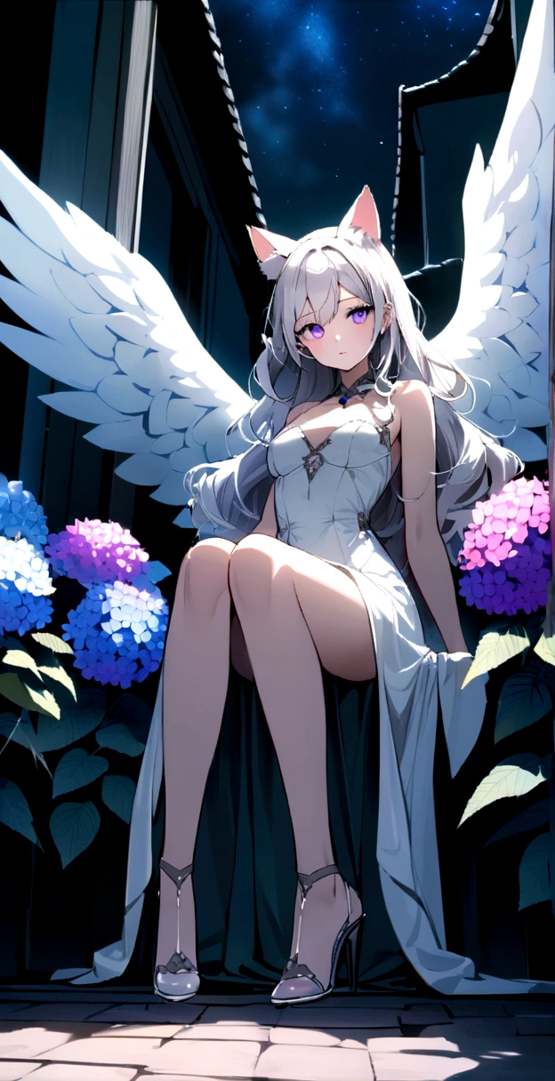 , Long wavy hair that reaches the knees,White hair is very attractive, Detailed and precise manual work, Attractive girl, White cat ears,, Purple eyes and white eyelashes,Big angel wings,darknight空に映える被写体,A lot of hydrangea, White Dress, Light that makes the subject stand out, Colorful neon street,dark,night,darkness,Smoke surrounds the body,