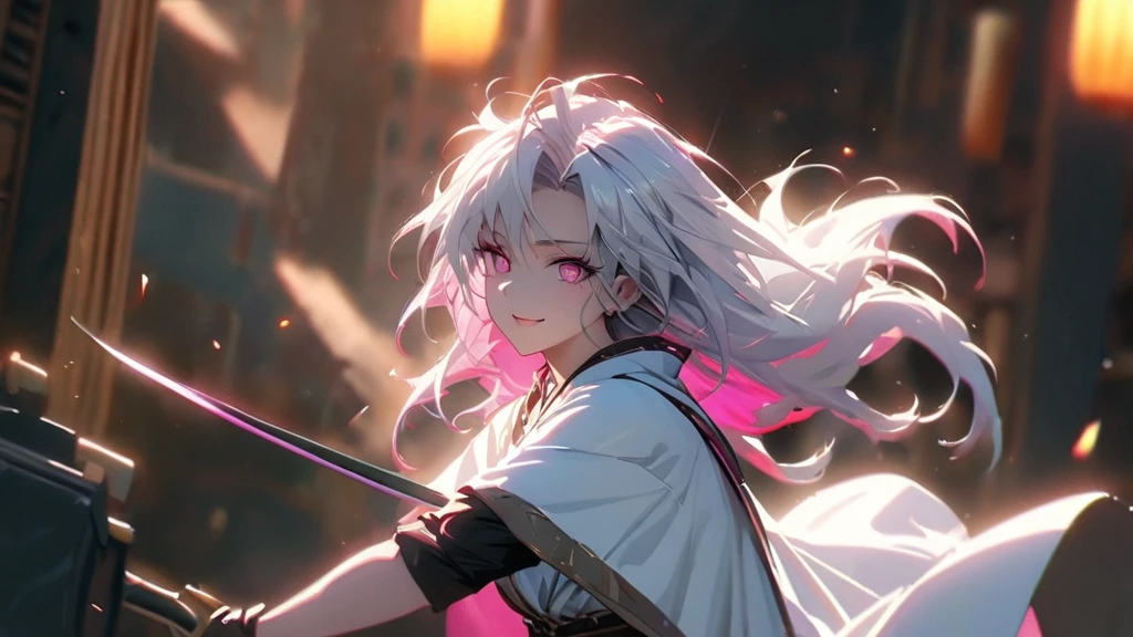 (solo), white hair, messy hair, mane hair, long hair, dense hair, wild hair, expressive hair, mature,(25 year old), pale skin, pink eyes, ((female)), wearing a white robe, white cloak,, rolled up sleeves, beautiful, attractive, eye reflection, medium breast, medium ass, smiling, depth of field, colorful thunder aura, colorful cinematic lighting, purple ray tracing, depth of field, cinematic lighting, purple ray tracing, UHD, high details, best quality, highres, high quality, award winning, super detail, masterpiece, 8k, UHD, high details, best quality, highres, high quality, award winning, super detail, masterpiece, 8k, digital art, anime coloring, full body shot, body shot, In a fighting position, Hand to hand combat, good face, perfect face, detailed face, good eyes, looking towards the screen.