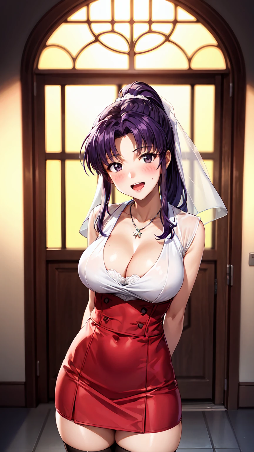 Masterpiece ,best quality , high resolution , ultra detail , colorful , (1 girl solo:1.38) , (Misato katsuragi) , (black eyes, ponytail , purple hair, medium_long_hair, make up, necklace, tall, slim body,) , (wear wedding skirt , white miniskirt , veil , stockings , head tilt) , (arms behind back . hands behind back) , (cleavage:1.15) , (big breast:1.1) , (standing cowboy shot) , ( full face blush , shy , smile , open mouth) , (face viewer , look at the viewer)