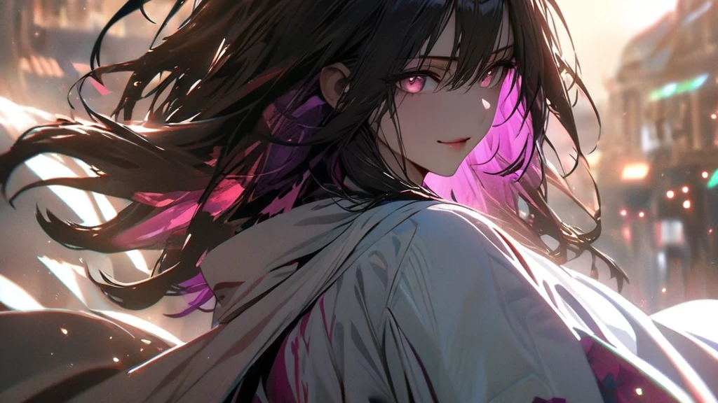 (solo), white hair, messy hair, mane hair, long hair, dense hair, wild hair, expressive hair, mature,(25 year old), pale skin, pink eyes, ((female)), wearing a white robe, white cloak,, rolled up sleeves, beautiful, attractive, eye reflection, medium breast, medium ass, smiling, depth of field, colorful thunder aura, colorful cinematic lighting, purple ray tracing, depth of field, cinematic lighting, purple ray tracing, UHD, high details, best quality, highres, high quality, award winning, super detail, masterpiece, 8k, UHD, high details, best quality, highres, high quality, award winning, super detail, masterpiece, 8k, digital art, anime coloring, full body shot, body shot, In a fighting position, Hand to hand combat, good face, perfect face, detailed face, good eyes, looking towards the screen.