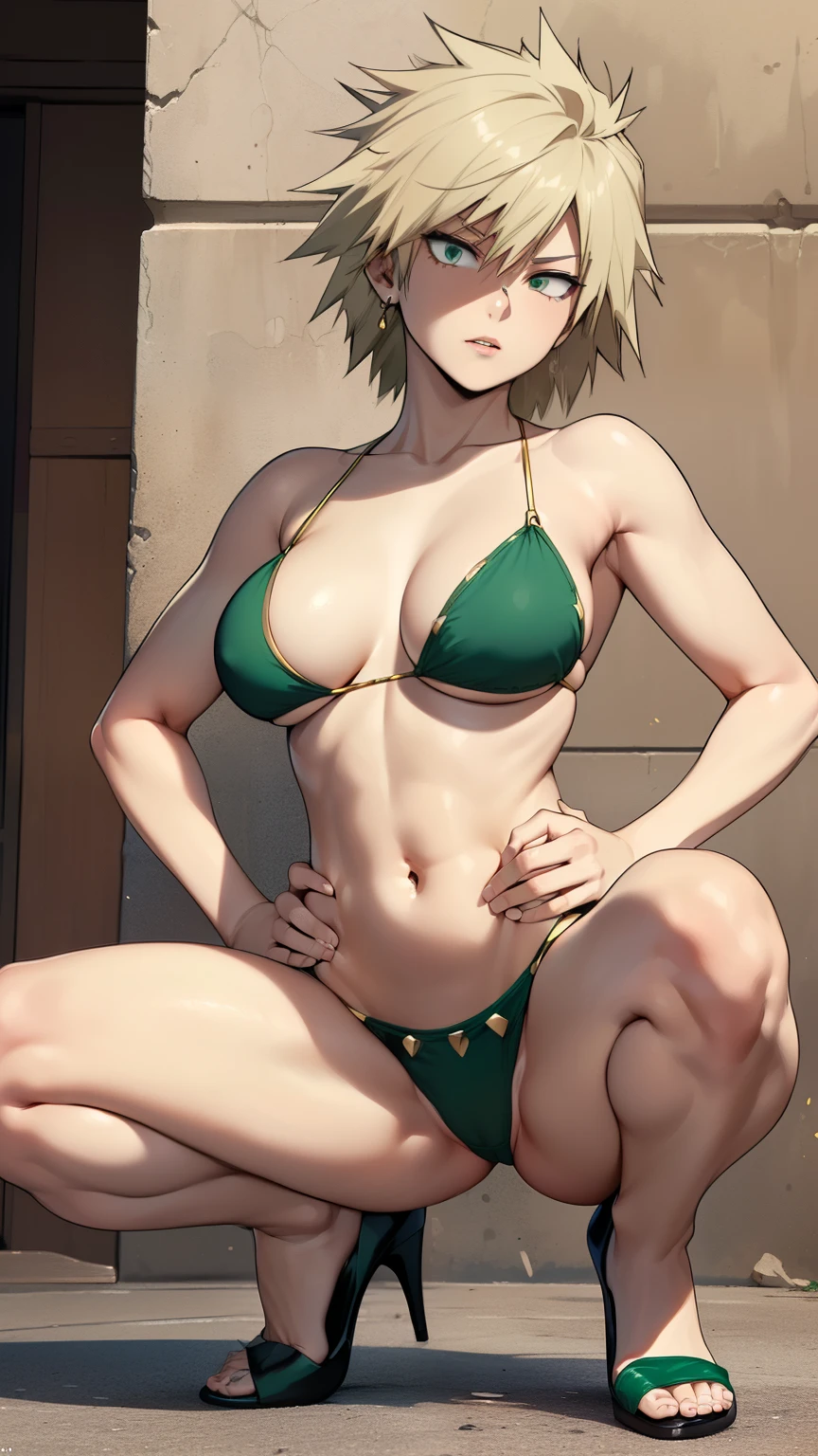 (masterpiece, best quality:1.2),((photoreal:1.1)),perfect anatomy,((solo:1.5)), ((alone)),((1 middle age woman:1.5)),perfect eyes,Mitsuki Bakugo, ((looking at viewer:1.4)),((horizontal angle)),((straight-on)),((view from front:1.4)),shooting from front,lighting from front,((small breasts:1.4)),(sagging small breasts:1.2),((Piutuary small breasts:1.2)),(muscular:1.2),((do not hide your crotch:1.4)),(cod lips),((squatting:1.3)),((spreading your legs wide:1.3)),(holding your head high),((hands on your hip bone:1.4)),extremely delicate and beautiful,(gold hair),((spiky hair:1.2)),((bare legs:1.4)),((dark green bikini:1.2)),high heel