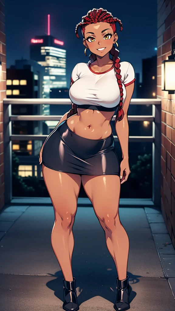 4K Quality, grinning, sexy pose, (black crop top and skirt), standing up, ((black and red braids)), (dark skinned), thick thighs, big breasted, big ass, looking at viewer, amber eyes, night time, bedroom eyes, full body, city background, perfect face, perfect body, perfect eyes, full lips,