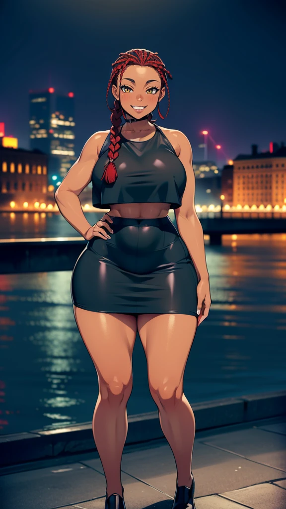 4K Quality, grinning, sexy pose, (black crop top and skirt), standing up, ((black and red braids)), (dark skinned), thick thighs, big breasted, big ass, looking at viewer, amber eyes, night time, bedroom eyes, full body, city background, perfect face, perfect body, perfect eyes, full lips,