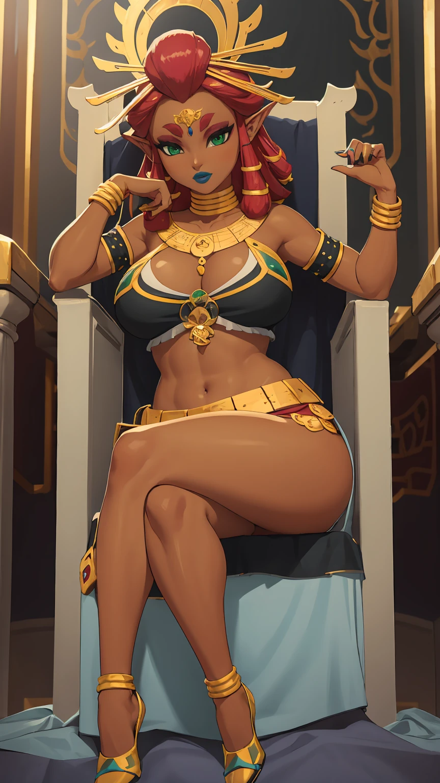 Big breasts, green eyes, dark blue lips, sitting on a throne, sexy legs, Riju