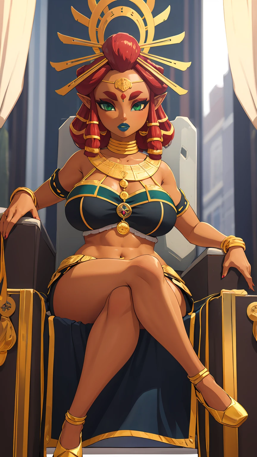Big breasts, green eyes, dark blue lips, sitting on a throne, sexy legs, Riju