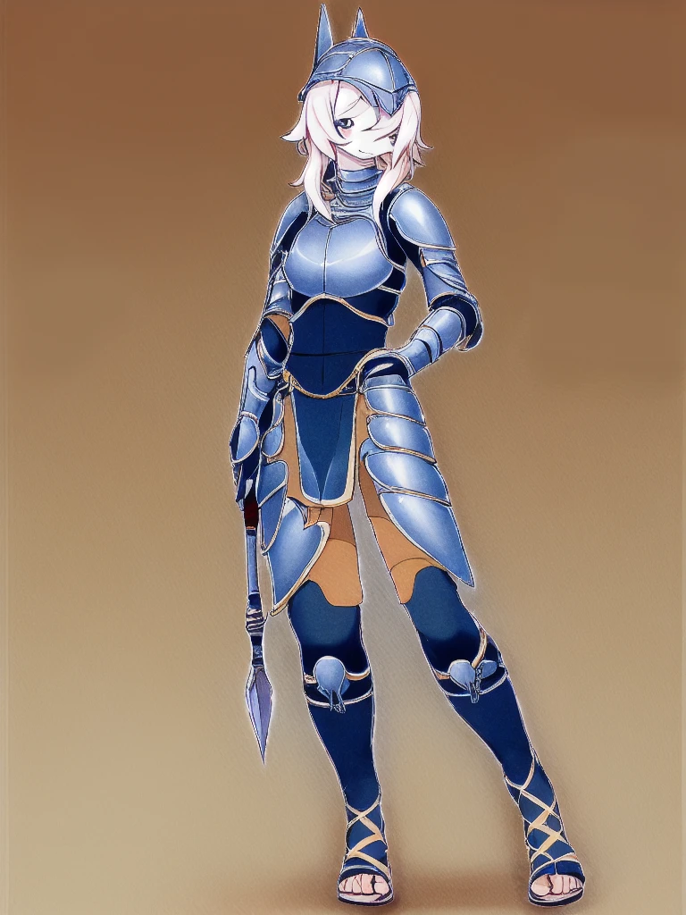 1girl, furry, furry_female, shark_girl, smile, solo, cute, shy, wearing full body plate armor, gladiator skirt, gladiator sandals, humanoid feet, holding a spear, nosebleed,bloody nose
