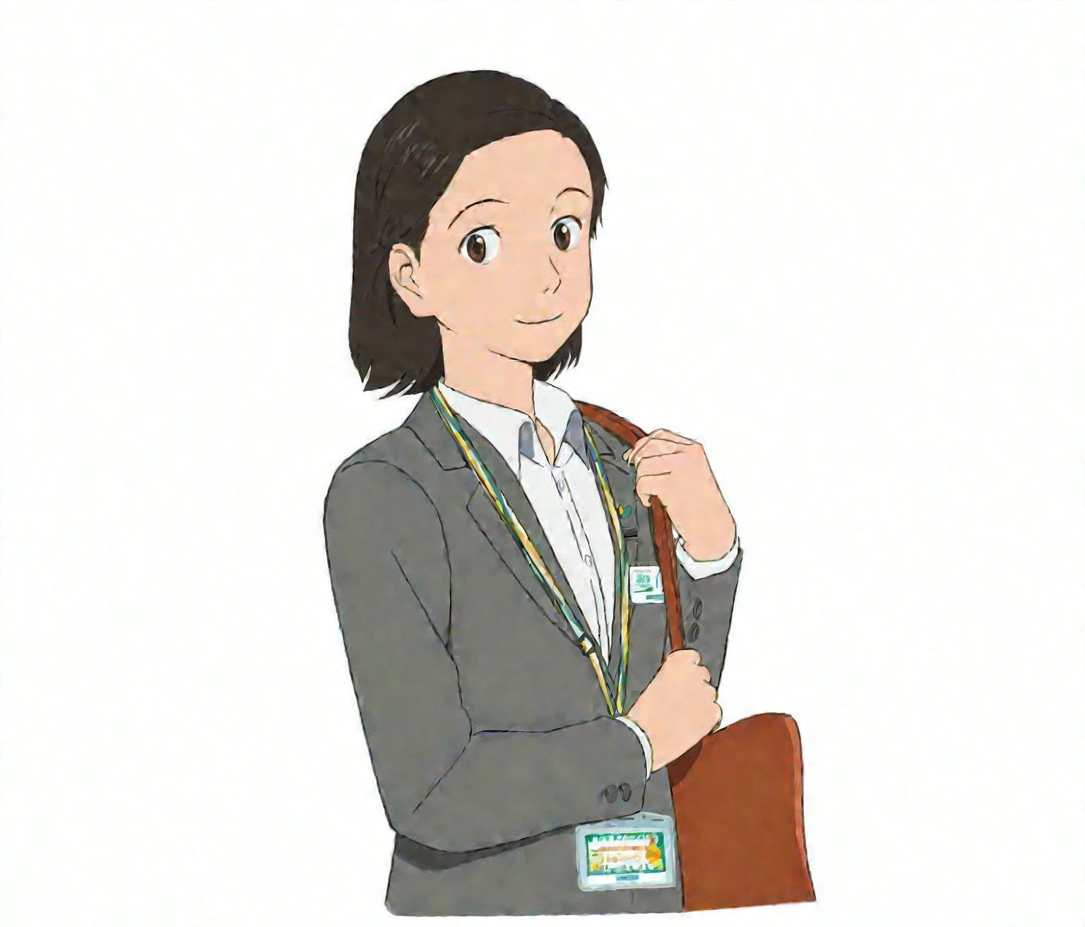 (realistic:1.3) , finely detailed, quality, (photorealistic:1.2) , (best quality) , (detailed skin:1.3) , (intricate details) , ray tracing, girl with shirt brown hair, grey suit and white shirt with a brown bag, smile, super realistic, her skin exudes a healthy luster