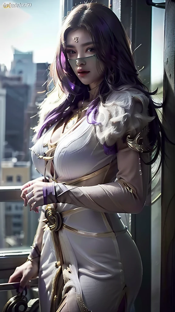 1girl,medium breasts,1girl,solo,realistic,8k,highres,(perfect face),perfect eyes,perfect body,ultra detailed face,looking at viewer,large breasts,massive boobs,cleavage,(intricate details),unity 8k wallpaper,ultra detailed,beautiful and aesthetic,detailed,solo, purple hair, luo_yi_ml, mouth veil,white and purple dress,feather
