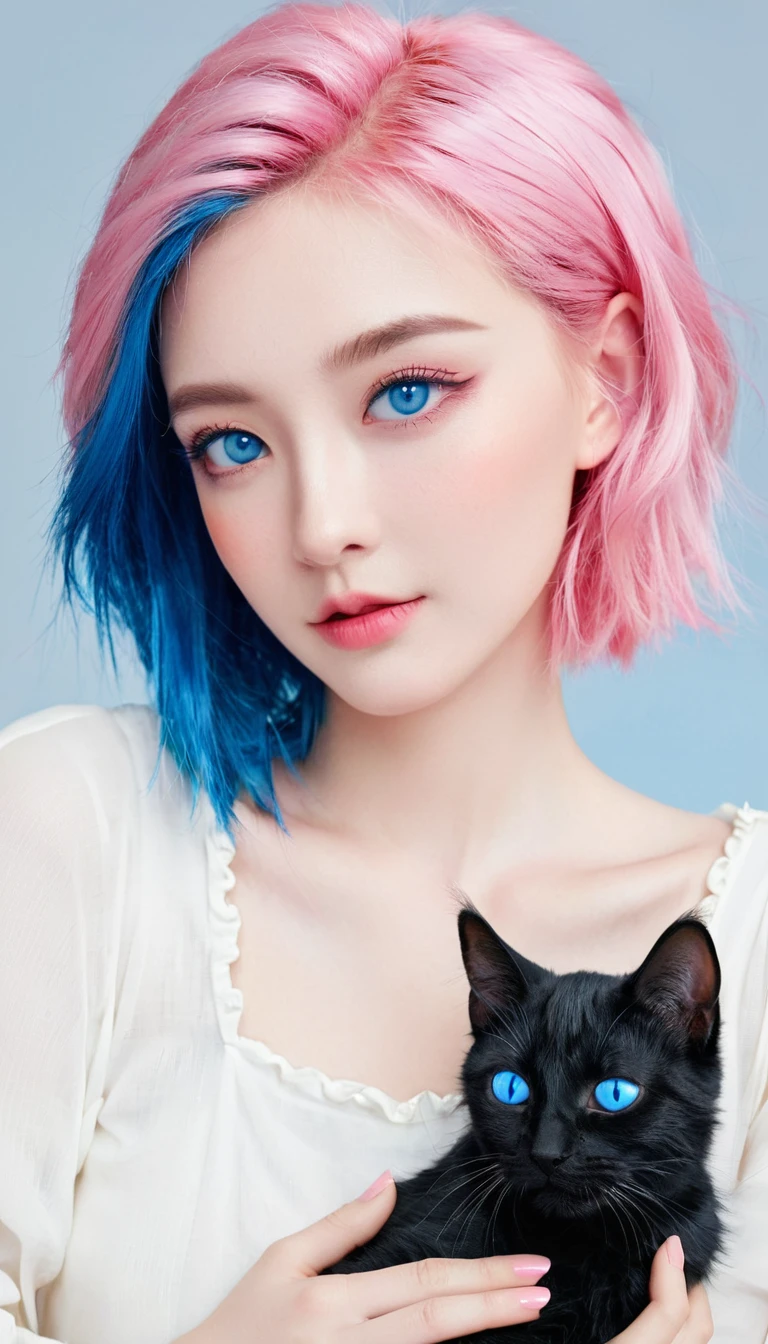 Girl with cat, Black Cat, Pink Hair,Blue Eyes, avatar