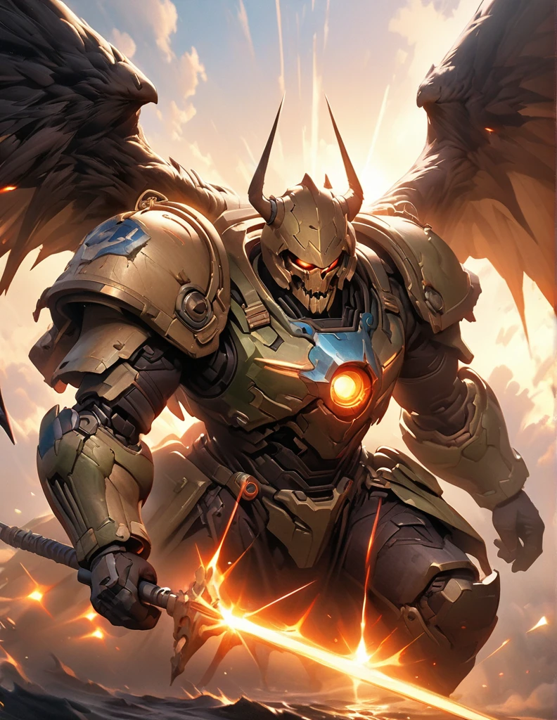 quality(8k wallpaper of extremely detailed CG unit, masterpiece, hight resolution, top-quality, top-quality ,hyper realisitic, digitial painting,increase the resolution,RAW photos,best qualtiy,highly detailed,the wallpaper),BREAK,8K, monster with big wings, skull helmet, glowing lighting
