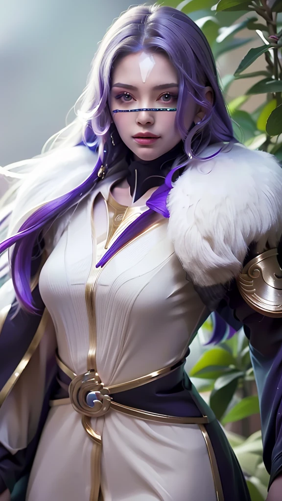 1girl,medium breasts,1girl,solo,realistic,8k,highres,(perfect face),perfect eyes,perfect body,ultra detailed face,looking at viewer,large breasts,massive ,cleavage,(intricate details),unity 8k wallpaper,ultra detailed,beautiful and aesthetic,detailed,solo, purple hair, luo_yi_ml, mouth veil,white and purple dress,feather
