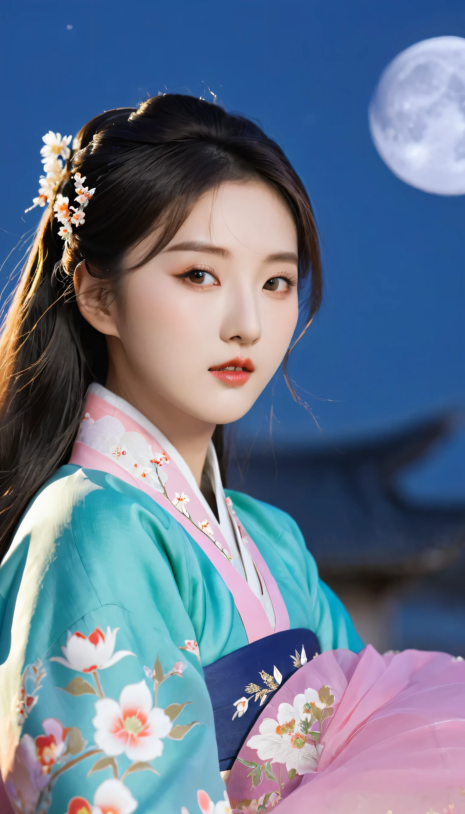 best quality, High target_solve, clearly_image, Detailed background ,girl, Hanbok,flower,flower园,moon, night,