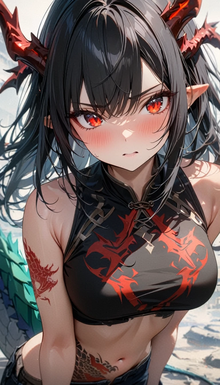 Young girl, long black hair, red eyes, dragon horns, dragon tail, battle form, open belly, dragon tattoo, sleeveless, tattoo, Masterpiece, best quality, Full HD, 8k, ultra details, great graphic