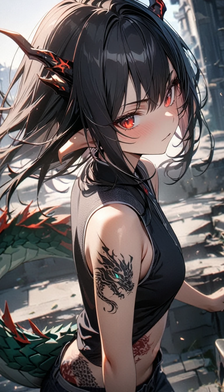 Young girl, long black hair, red eyes, dragon horns, dragon tail, battle form, open belly, dragon tattoo, sleeveless, tattoo, Masterpiece, best quality, Full HD, 8k, ultra details, great graphic