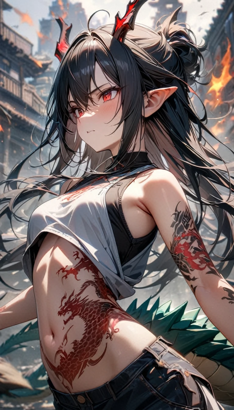 Young girl, long black hair, red eyes, dragon horns, dragon tail, battle form, open belly, dragon tattoo, sleeveless, tattoo, Masterpiece, best quality, Full HD, 8k, ultra details, great graphic