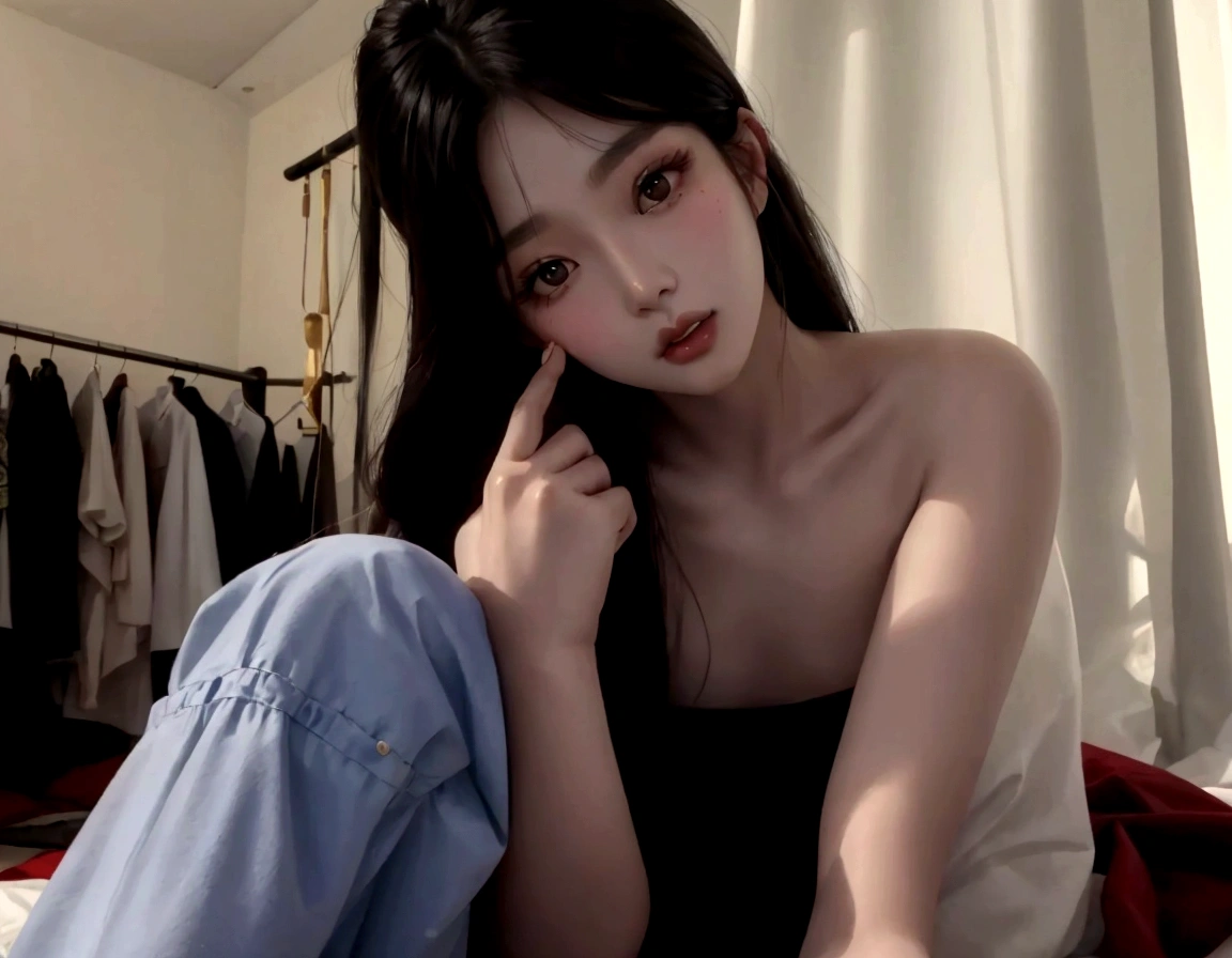 a close up of a woman sitting on a bed with a hand on her cheek, ulzzang, korean girl, gorgeous young korean woman, beautiful south korean woman, photo of slim girl model, photo of slim girl, beautiful young korean woman, beautiful asian girl, 🤤 girl portrait, young asian girl, asian features, young cute wan asian face