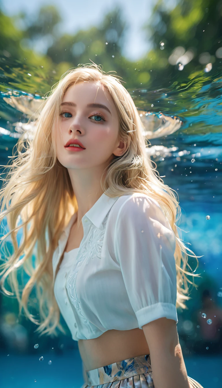 masterpiece, best quality, Ultra Detailed, illustration, Beautiful details, Depth of Field, Dynamic Angle, 8K wallpaper, portrait, Best light and shadow quality, 4K, 8K, CG, Fine details, Blurred background, Upper Body, contemporary, skirt, Blonde, Long hair, beautiful eyes, Beautiful water splash